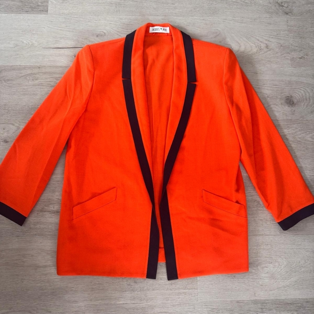 Vintage Jacque Vert Open Front Wool Blend Vibrant Orange Women's Blazer Size 10 - Picture 2 of 8